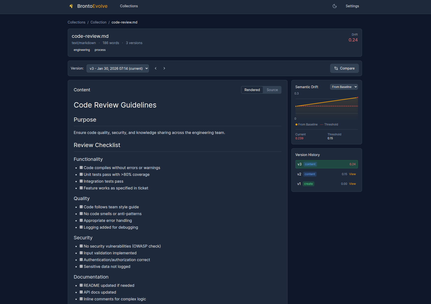 BrontoEvolve document viewer showing version history graph and semantic diff capabilities